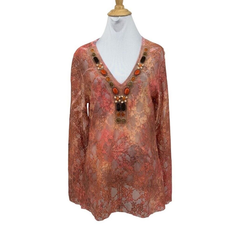 David Cline Blouse Womens L Large Pink Orange Lace Semi Sheer Tulle Beaded Jewel